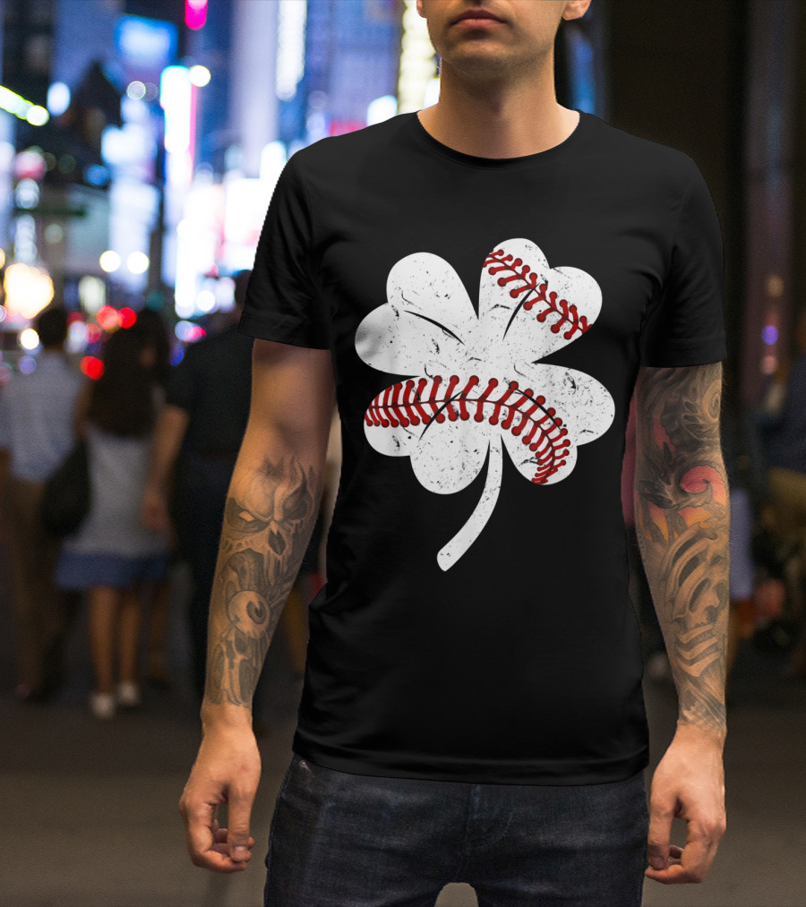 Baseball Shamrock Clover Irish St Patricks Vintage Red Stitching T-Shirt