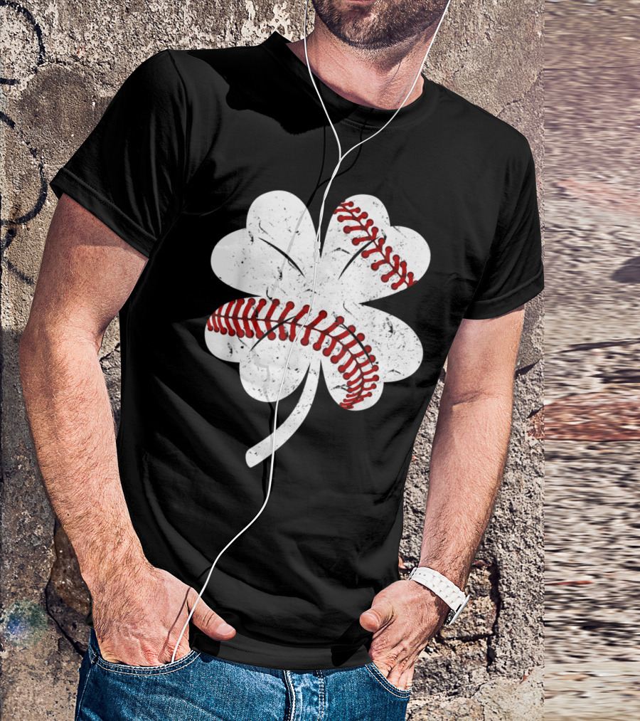 Baseball Shamrock Clover Irish St Patricks Vintage Red Stitching T-Shirt