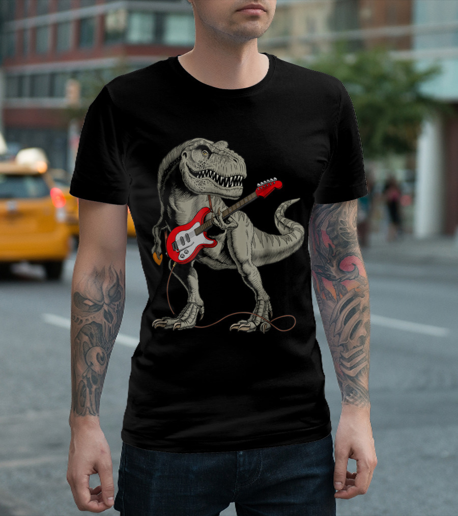 Tyrannosaurus Rex Dinosaur Playing Red Electric Guitar T-Shirt