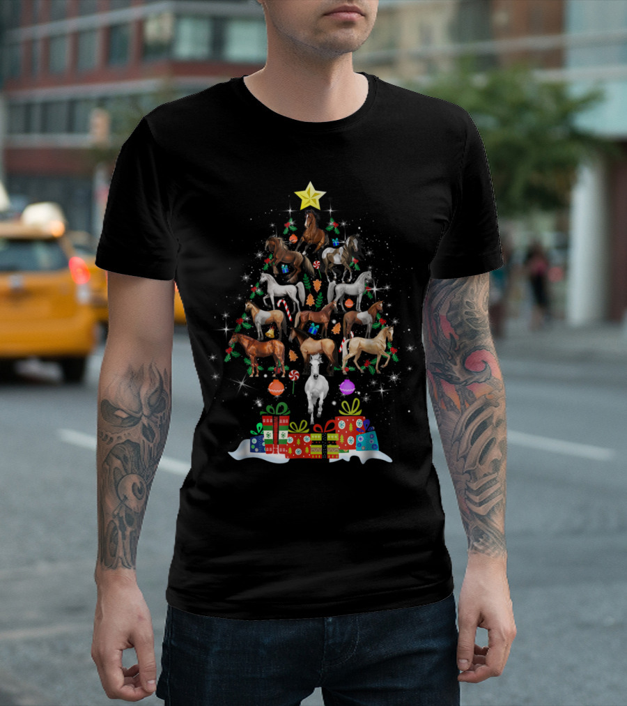 Holiday Horses in Christmas Tree Formation with Gifts and Star Topper T-Shirt