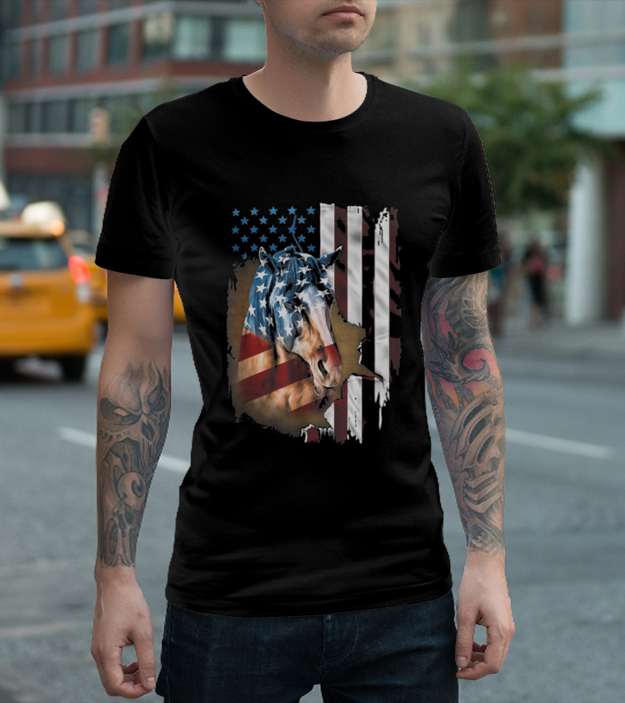 American Flag Horse Portrait Patriotic Family Humor T-Shirt