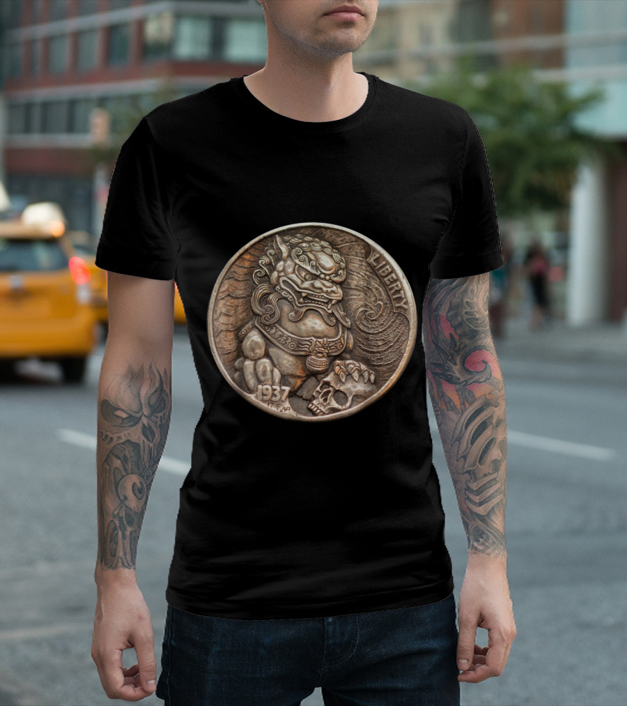 1937 Liberty Foo Dog Hobo Nickel with Skull and Ornate Detailing T-Shirt