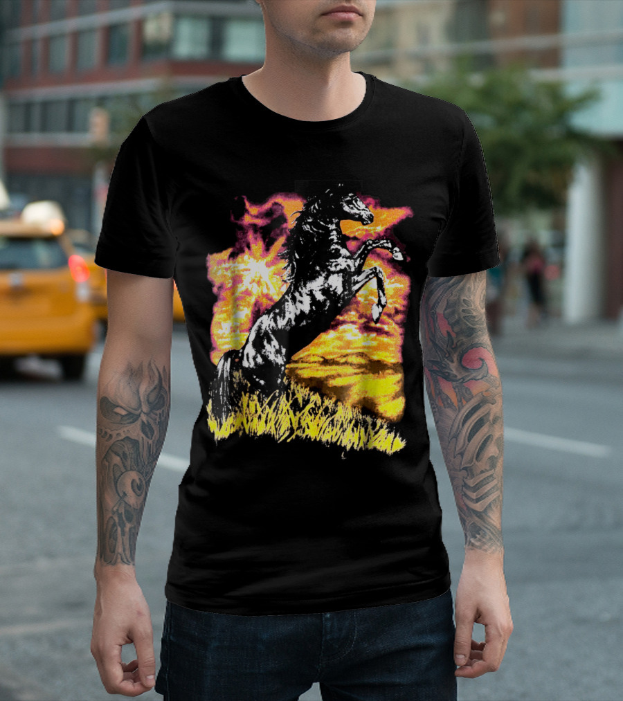 Rearing Stallion Against Fiery Sunset Scene T-Shirt