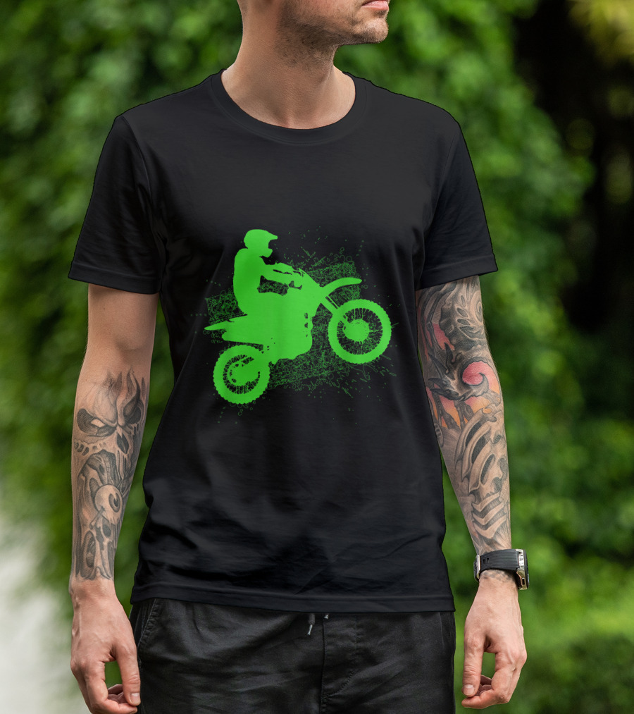 Neon Green Dirt Bike Rider Jump With Tire Tracks T-Shirt