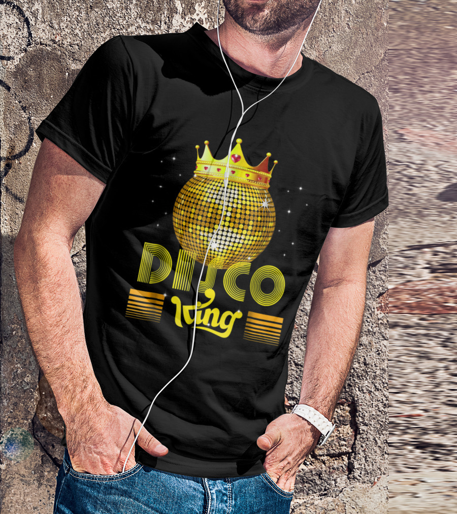 Disco King 1970s Vintage Dance Party Golden Crown And Glittering Disco Ball T-Shirt