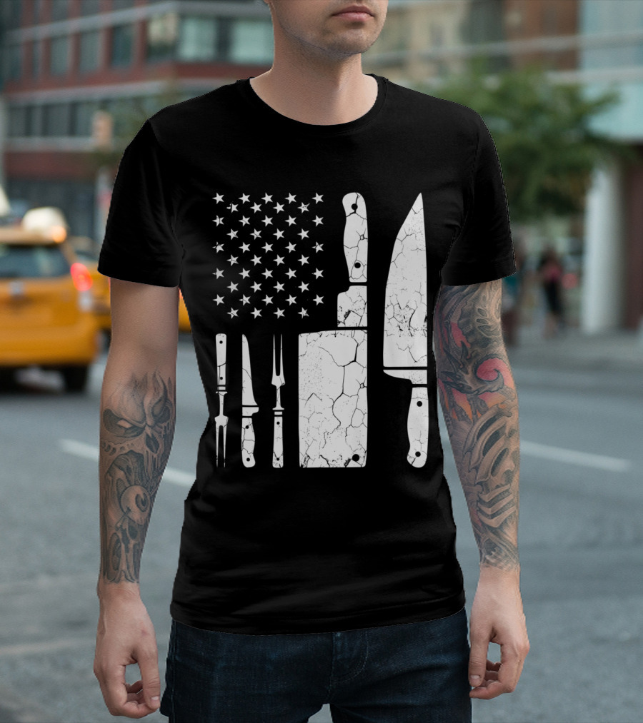 Cracked Vintage Knife Set American Flag Chef Cooking Concept T-Shirt