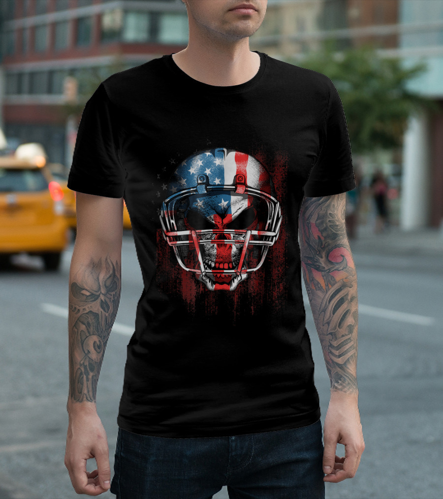 USA American Flag Skull Football Patriotic T-Shirt