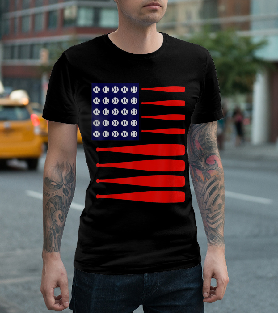 Patriotic 4th July USA Flag With Baseballs And Bats T-Shirt