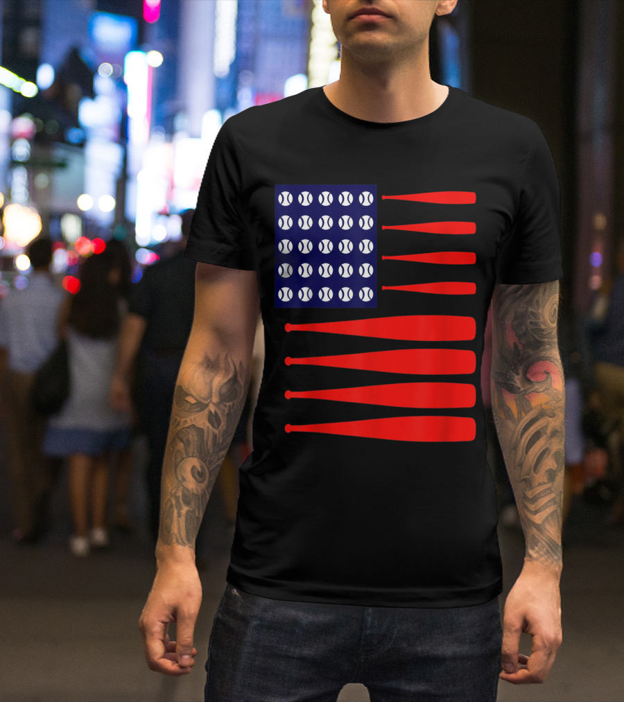 Patriotic 4th July USA Flag With Baseballs And Bats T-Shirt