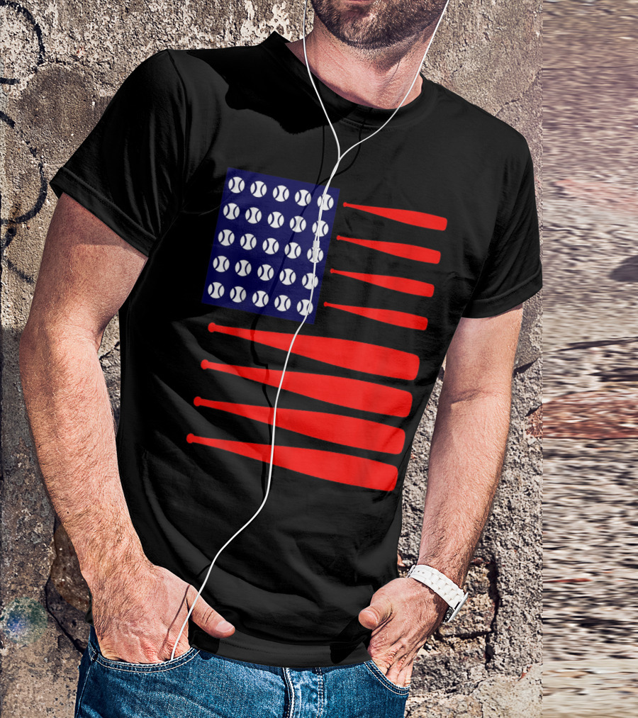 Patriotic 4th July USA Flag With Baseballs And Bats T-Shirt