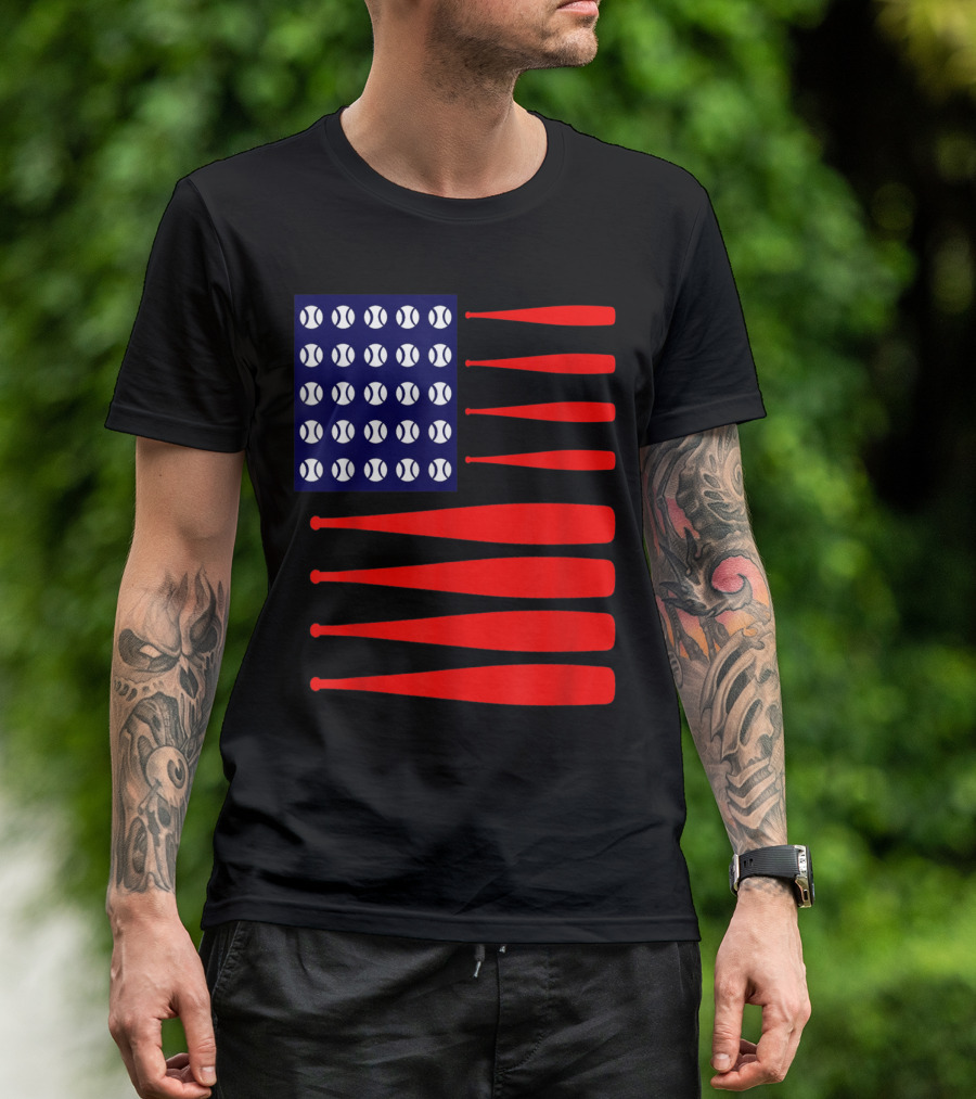 Patriotic 4th July USA Flag With Baseballs And Bats T-Shirt
