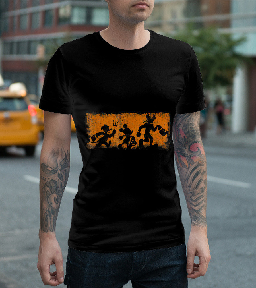 Mickey and Friends Halloween Silhouettes on Orange Background T-Shirt