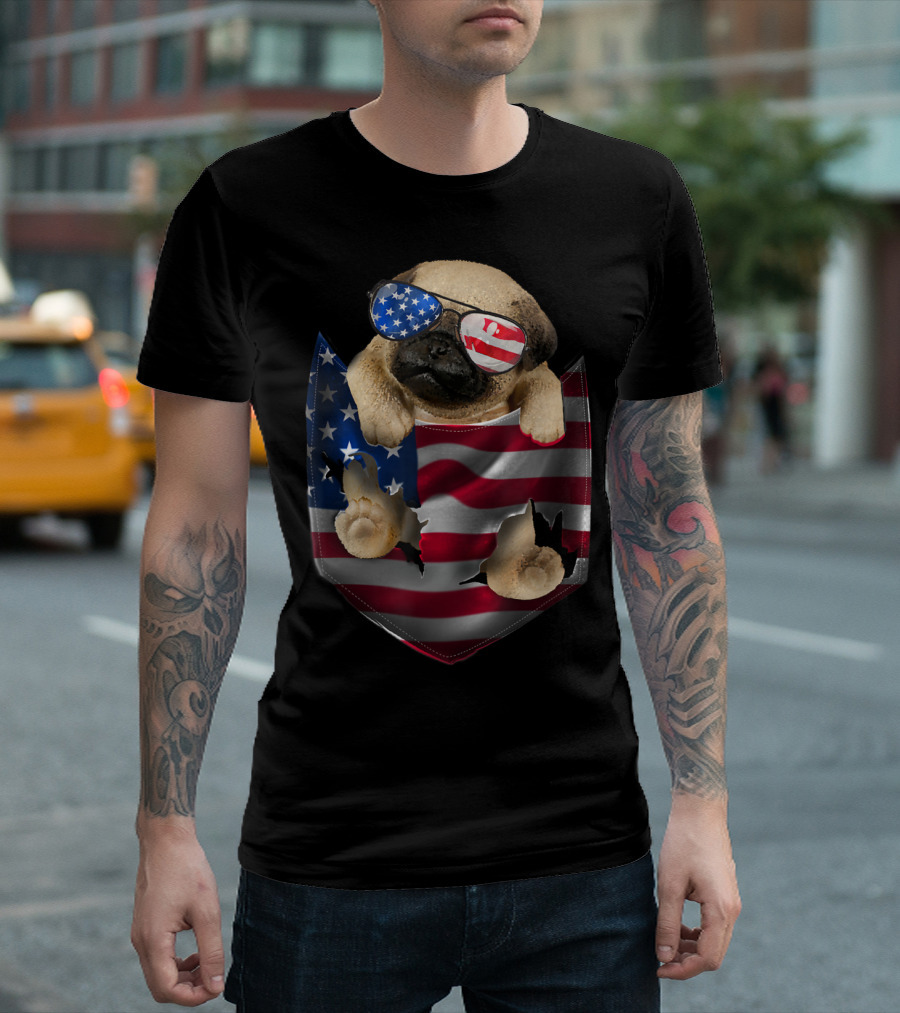Patriotic Pug Wearing American Flag Sunglasses in Stars and Stripes Pocket T-Shirt