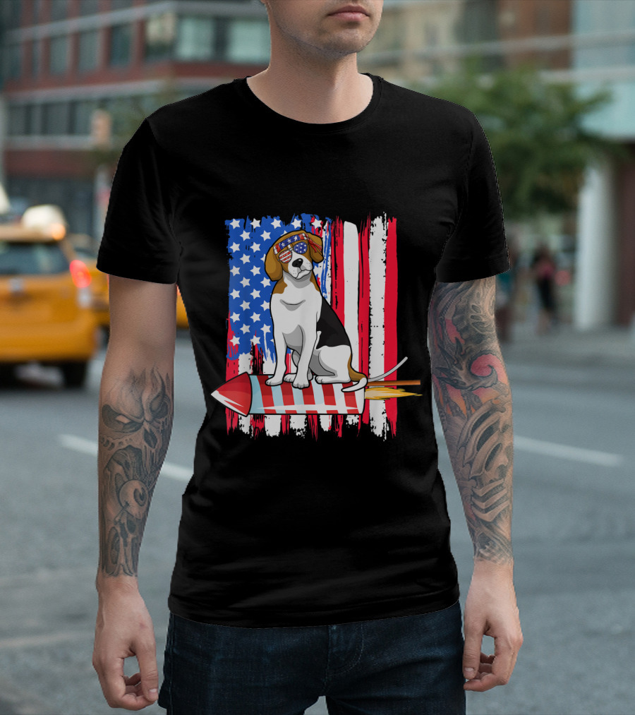 Patriotic Beagle Riding Firework with American Flag for 4th of July T-Shirt