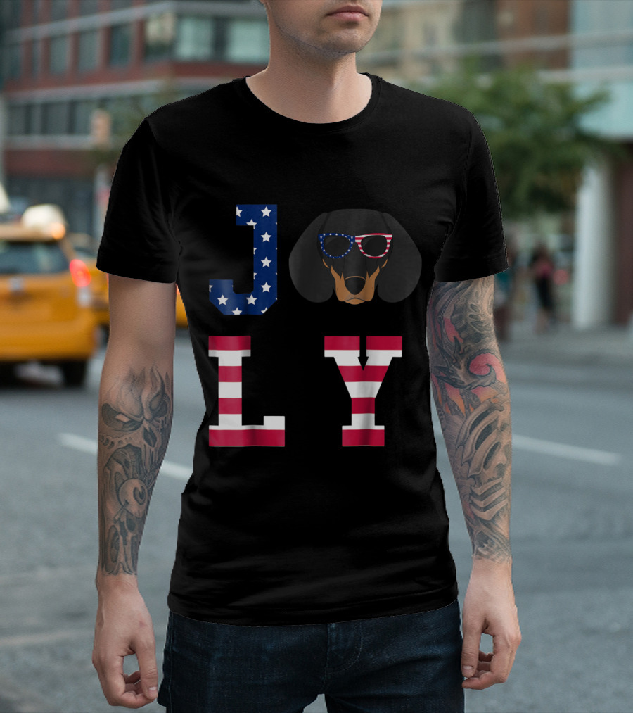 4th of July JOLY with Dachshund Wearing American Flag Sunglasses T-Shirt