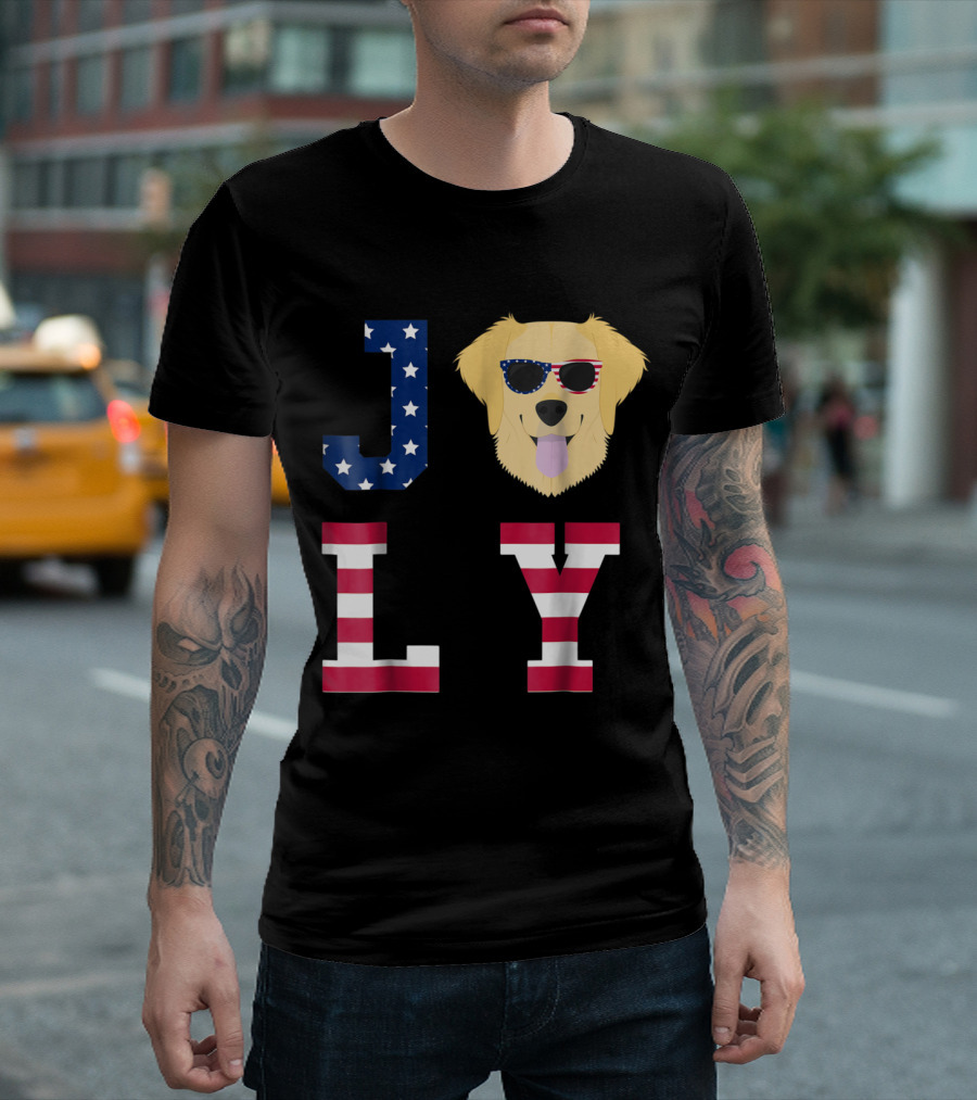 JOLY Golden Retriever With American Flag Sunglasses For 4th Of July T-Shirt