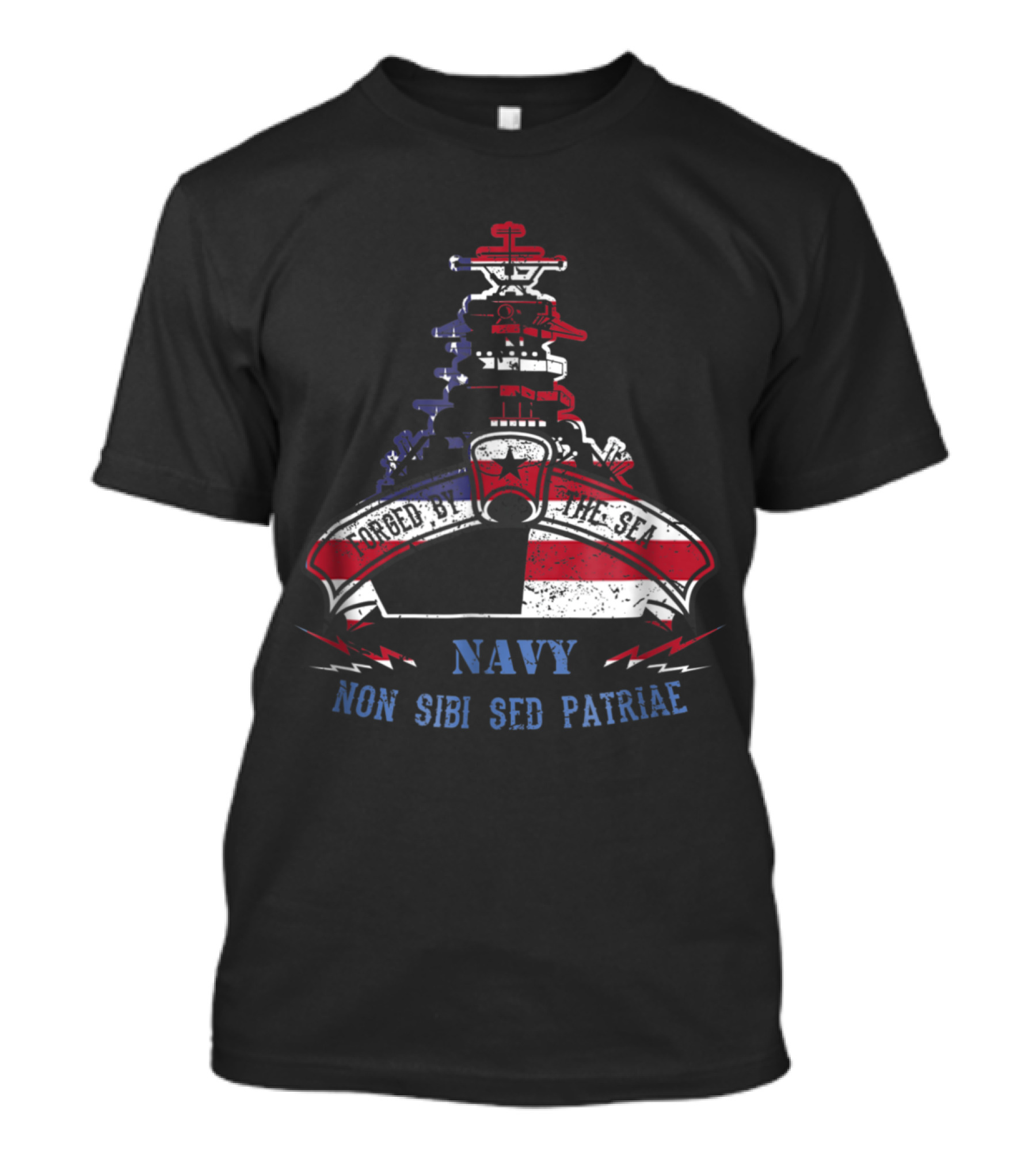 Navy Forged By The Sea With American Flag And Non Sibi Sed Patriae Banner T-Shirt