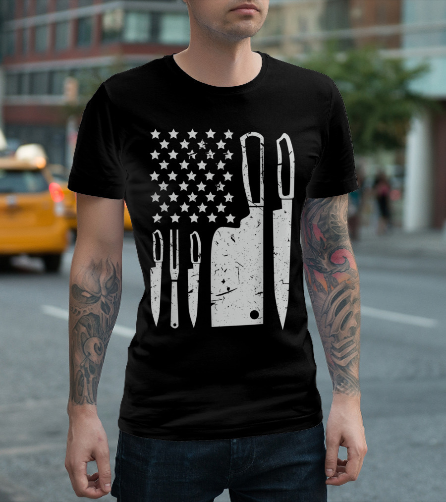 Patriotic American Chef Knife Set With Stars And Cleaver T-Shirt
