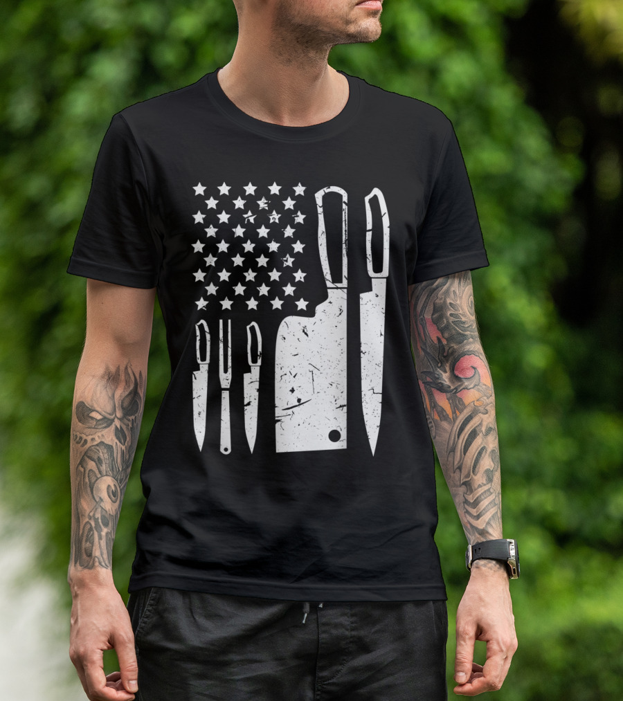 Patriotic American Chef Knife Set With Stars And Cleaver T-Shirt