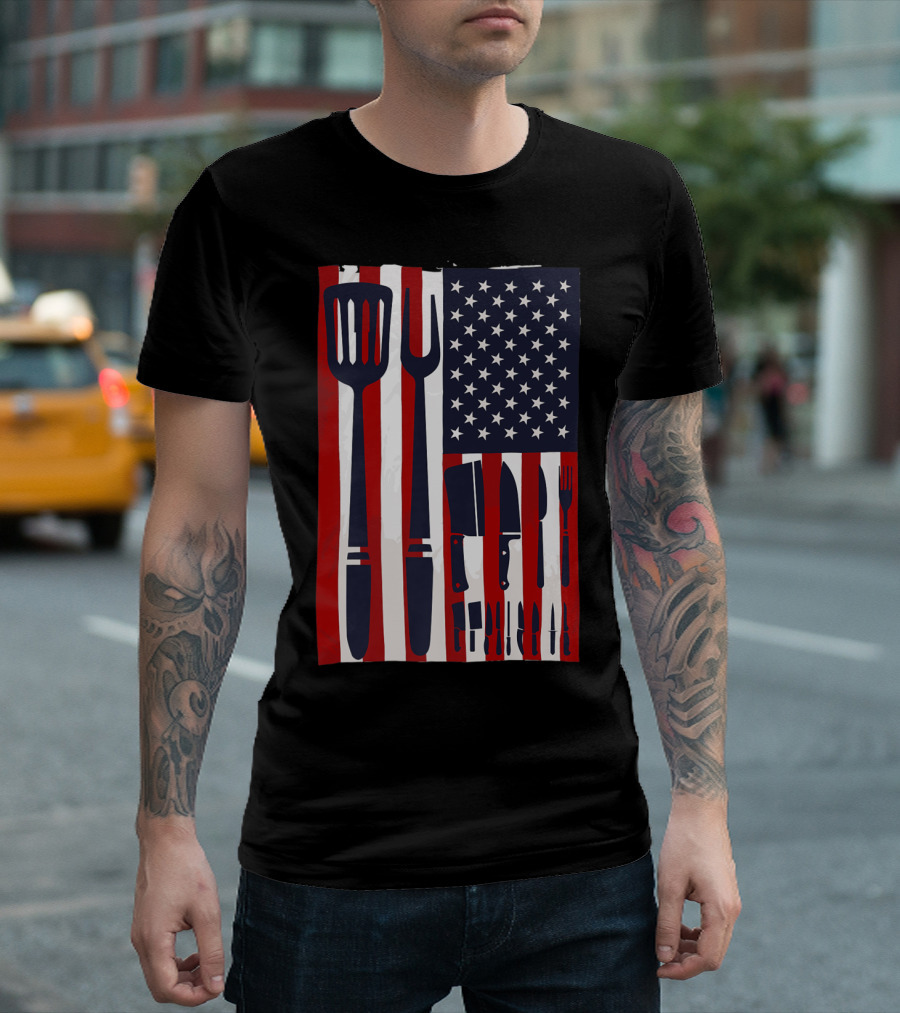 Patriotic American Flag With Chef Knives And Cooking Utensils Design USA T-Shirt