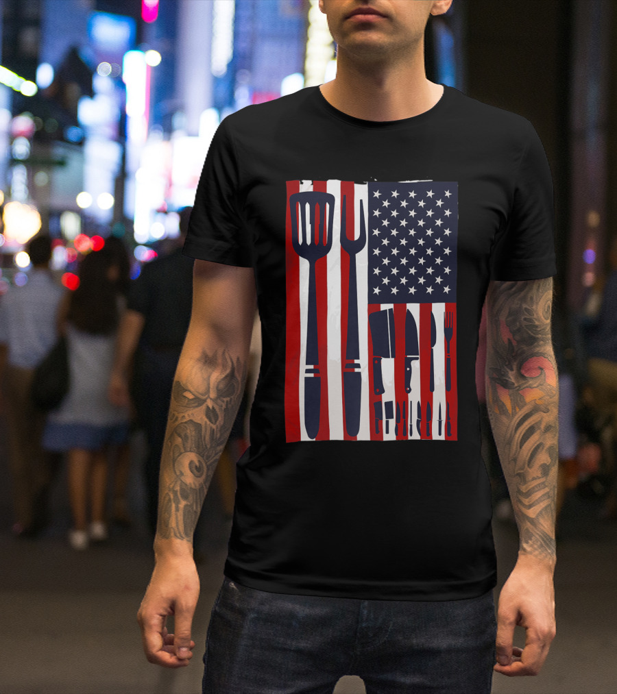 Patriotic American Flag With Chef Knives And Cooking Utensils Design USA T-Shirt
