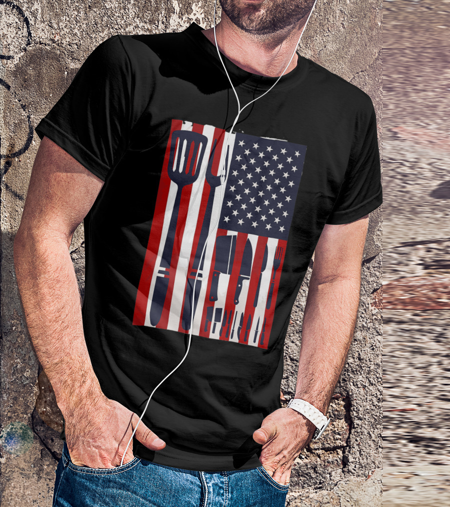 Patriotic American Flag With Chef Knives And Cooking Utensils Design USA T-Shirt