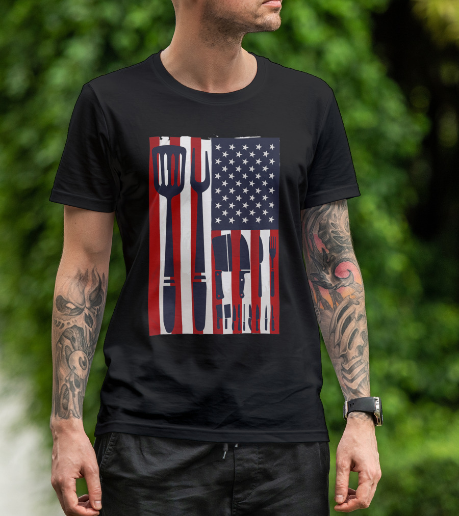 Patriotic American Flag With Chef Knives And Cooking Utensils Design USA T-Shirt