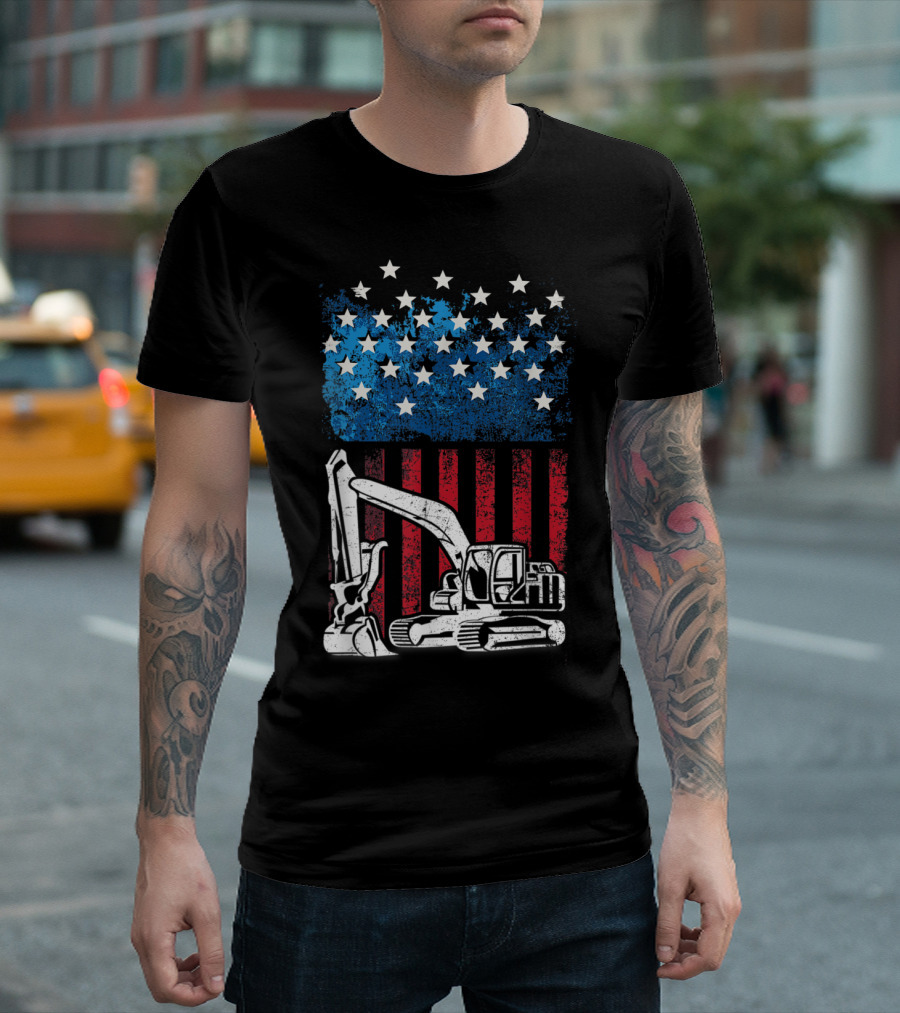 4th Of July American Flag Construction Machine T-Shirt