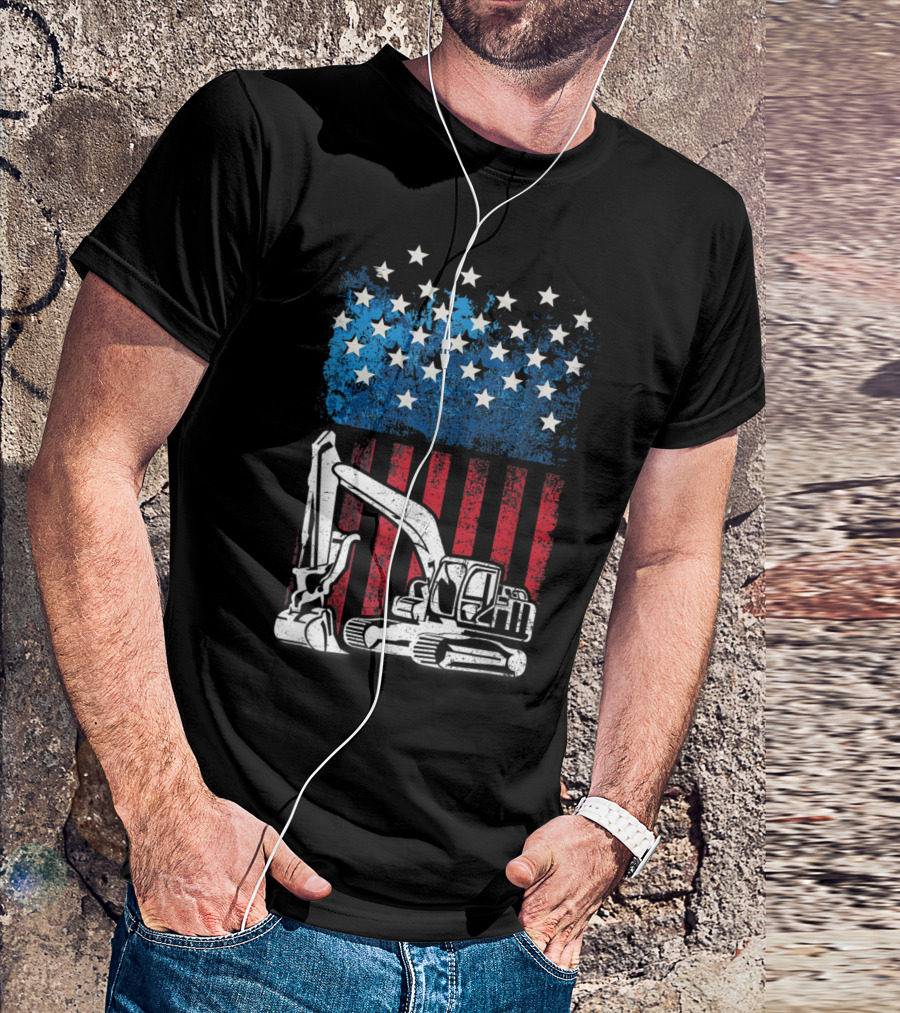 4th Of July American Flag Construction Machine T-Shirt