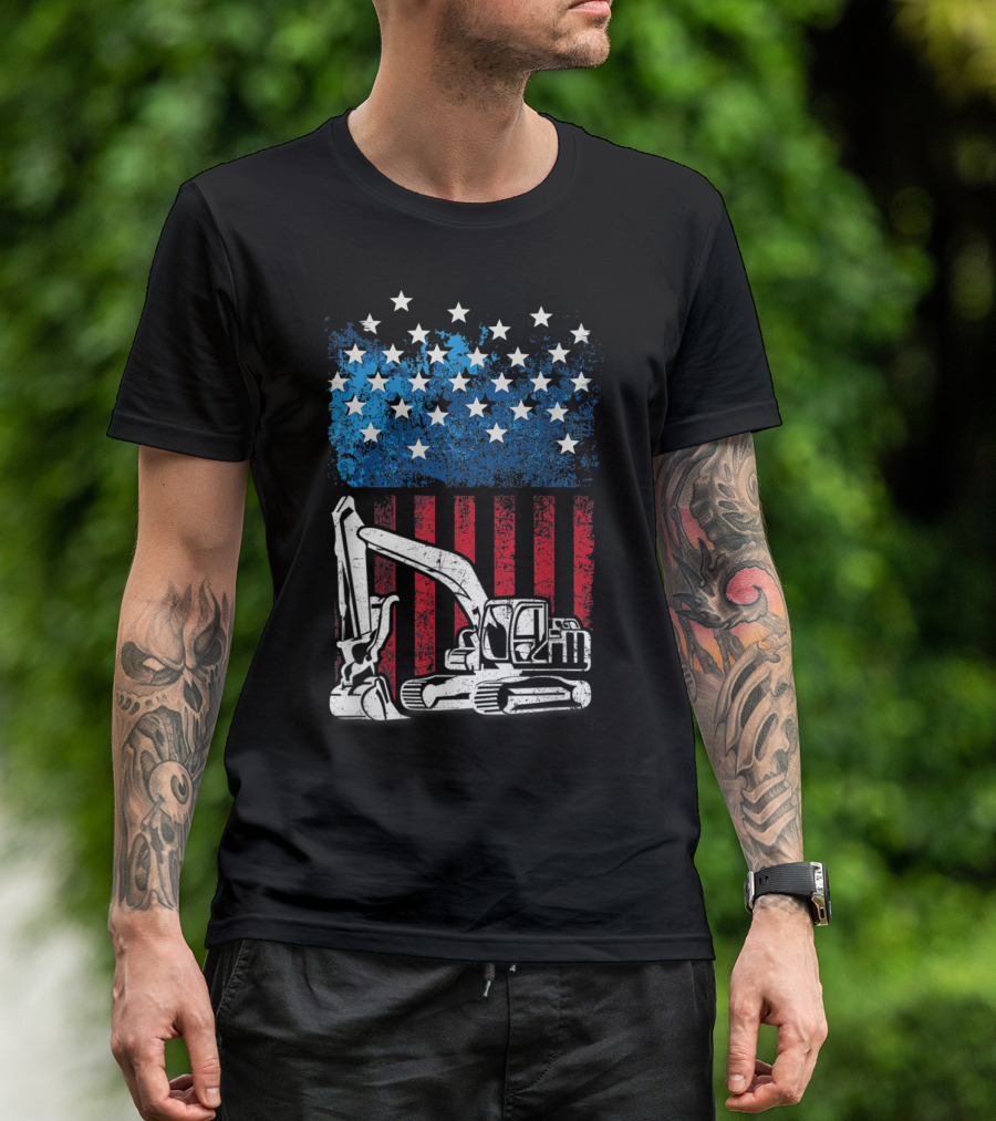 4th Of July American Flag Construction Machine T-Shirt