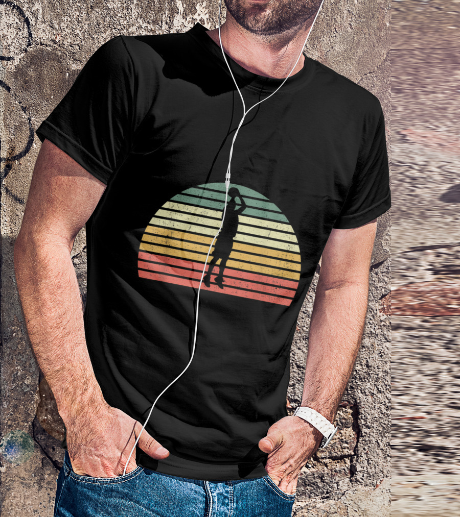 Vintage Basketball Jumpshot Silhouette 3 Pointer Retro Stripes T-Shirt