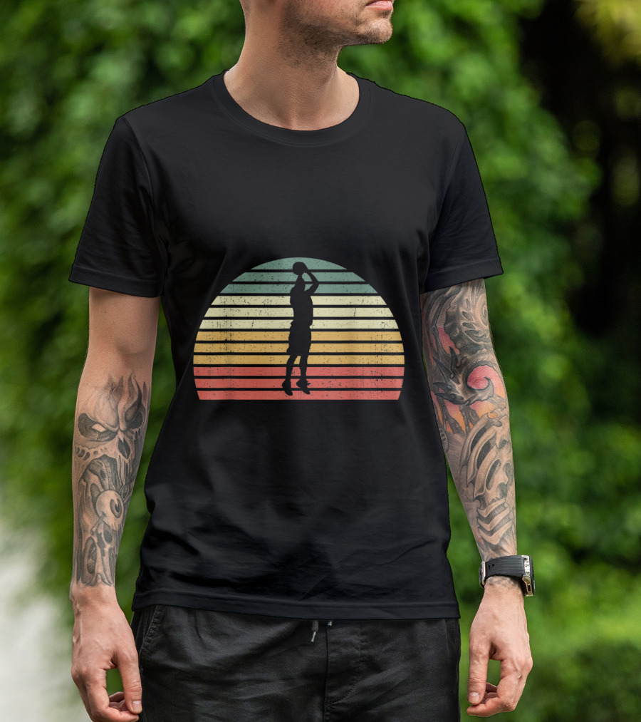 Vintage Basketball Jumpshot Silhouette 3 Pointer Retro Stripes T-Shirt