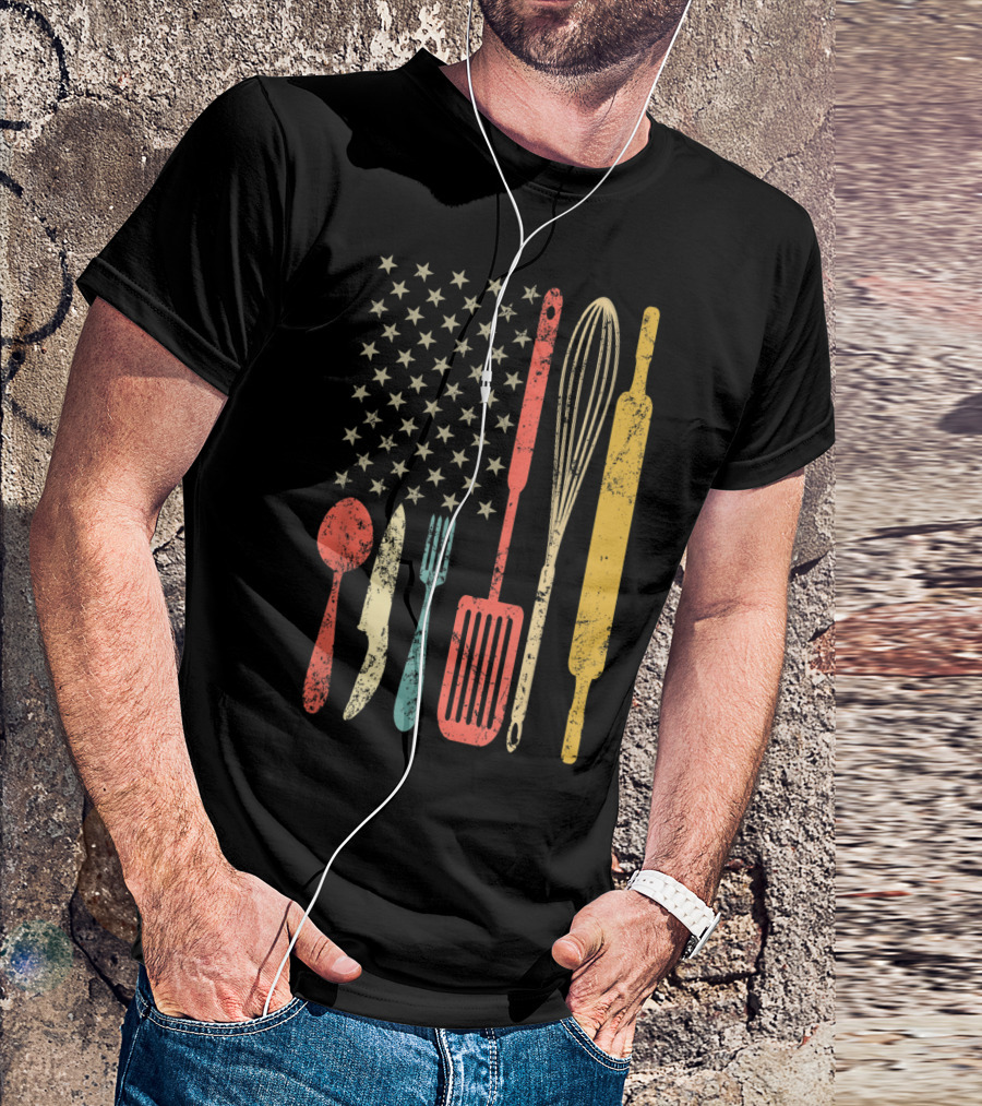 Patriotic Vintage USA Flag With Cooking Utensils T-Shirt