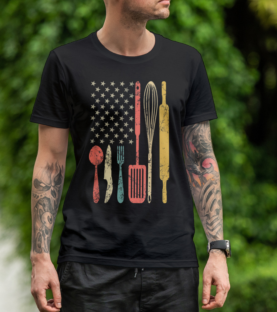 Patriotic Vintage USA Flag With Cooking Utensils T-Shirt