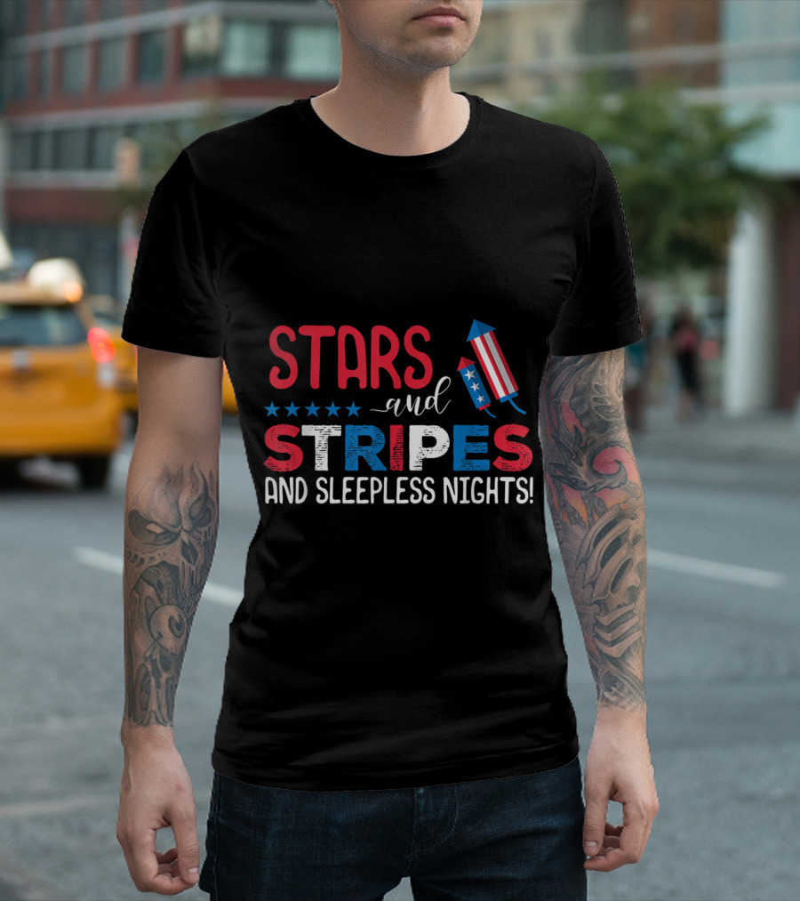 Stars and Stripes and Sleepless Nights 4th of July Baby Announcement T-Shirt