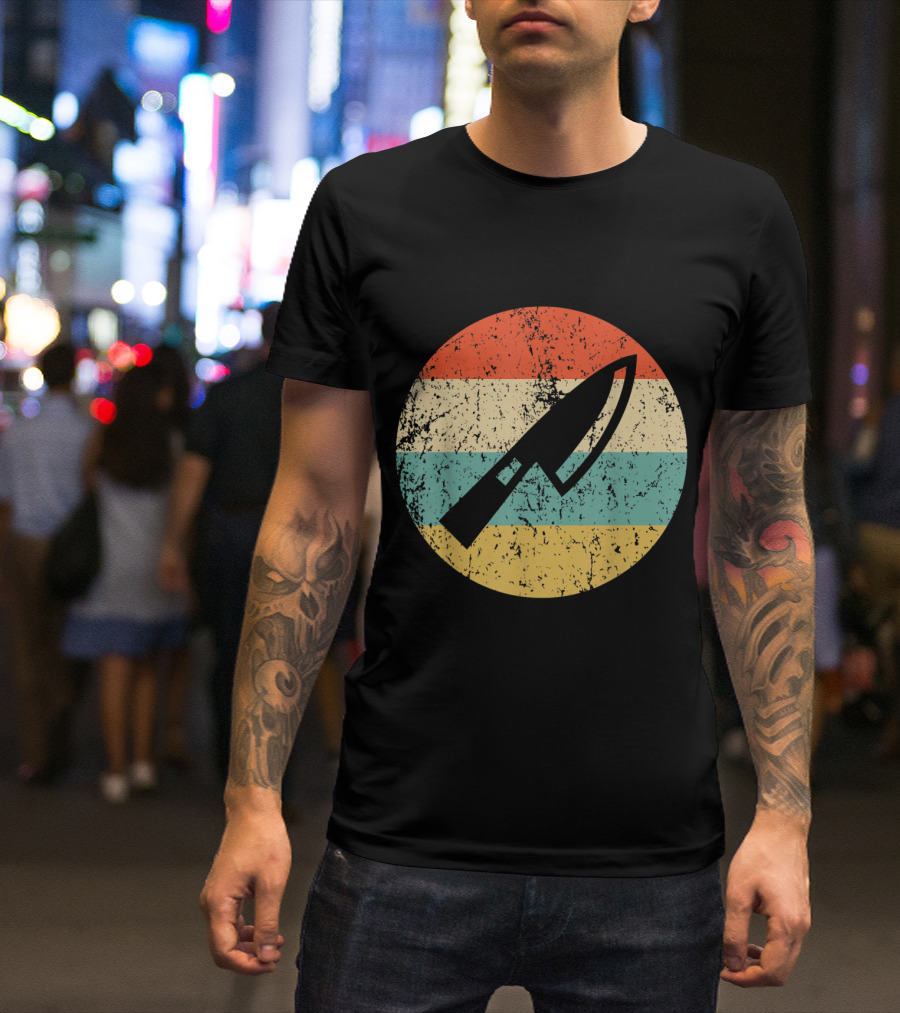 Vintage Chef Knife Retro Stripes Circle T-Shirt