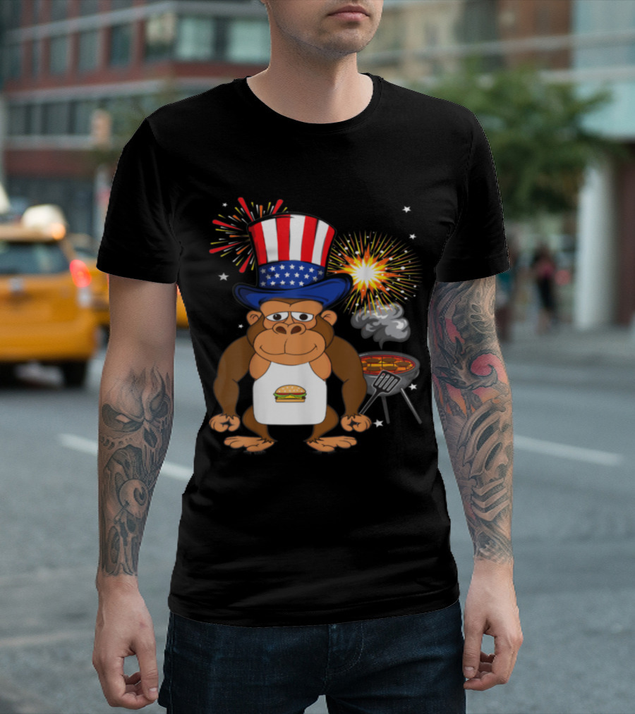 4th Of July BBQ Gorilla Chef Burger Grill Fireworks Patriotic Hat T-Shirt
