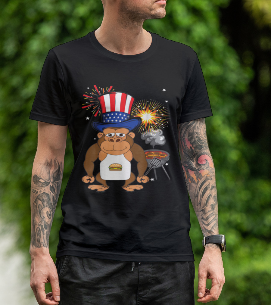4th Of July BBQ Gorilla Chef Burger Grill Fireworks Patriotic Hat T-Shirt