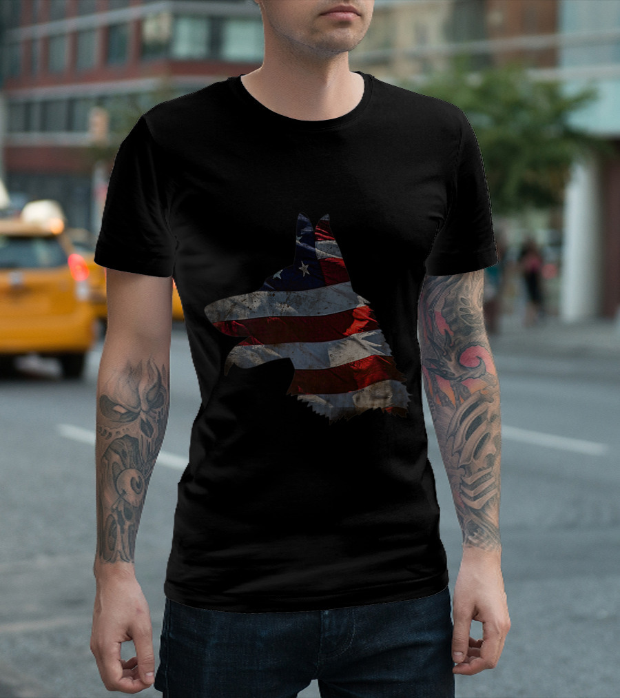 German Shepherd Silhouette American Flag T-Shirt