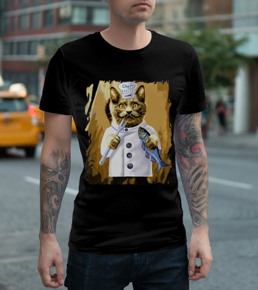 Chef Cat Culinary Cooking Guru with Fish and Fork T-Shirt