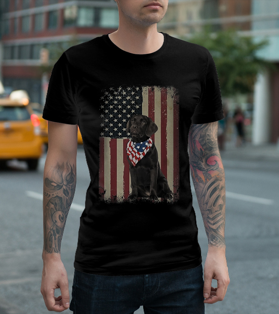 Black Lab Wearing American Flag Bandana in Front of Vintage 4th of July T-Shirt