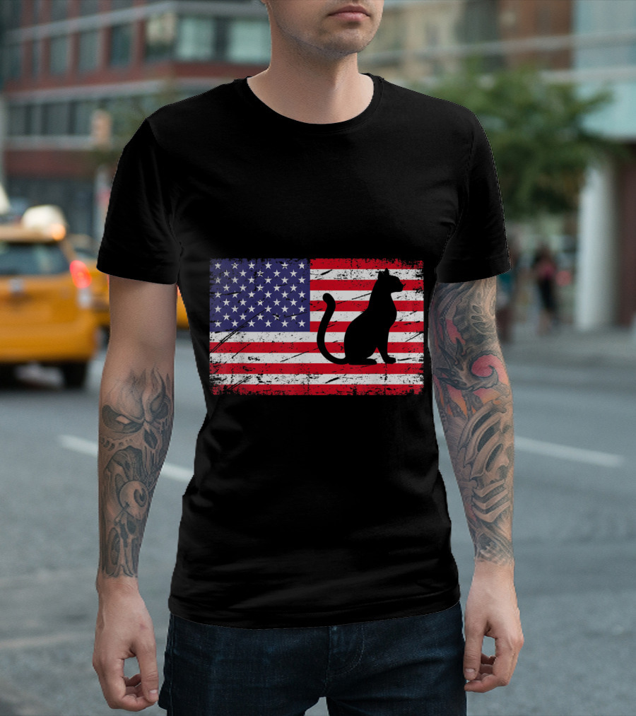 American Flag Distressed Silhouette Cat Patriotic T-Shirt