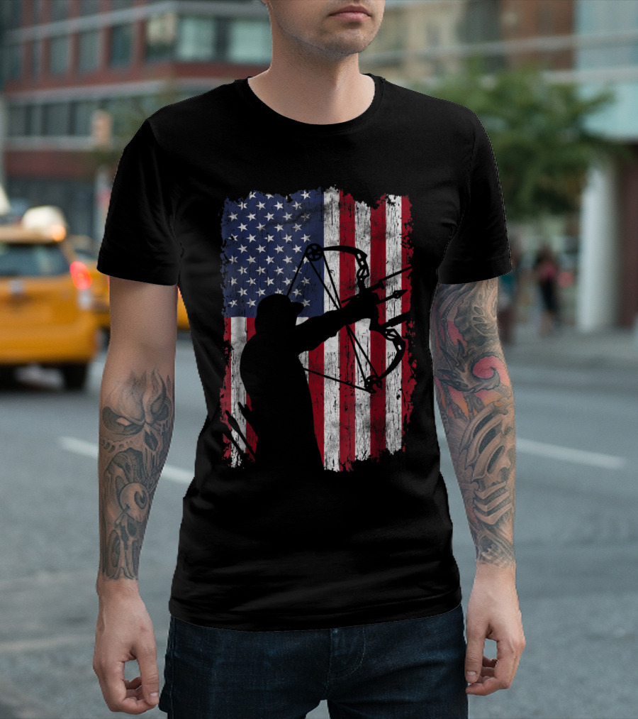 Distressed Compound Bow Archer American Flag Background T-Shirt