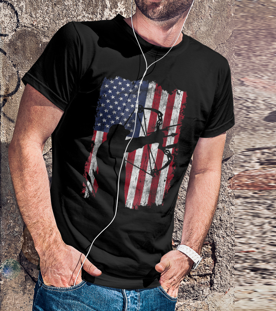 Distressed Compound Bow Archer American Flag Background T-Shirt