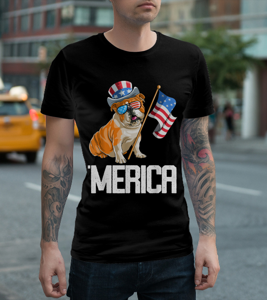 4th Of July Bulldog Patriotic Merica Flag Hat Sunglasses T-Shirt