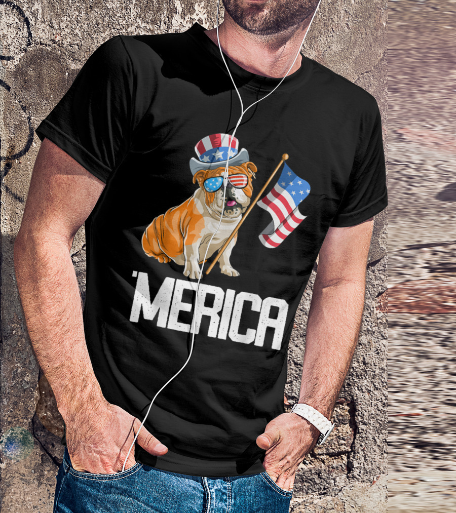 4th Of July Bulldog Patriotic Merica Flag Hat Sunglasses T-Shirt