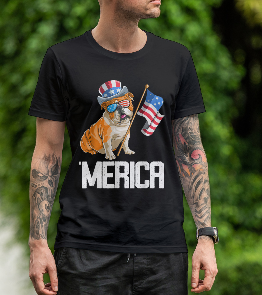 4th Of July Bulldog Patriotic Merica Flag Hat Sunglasses T-Shirt