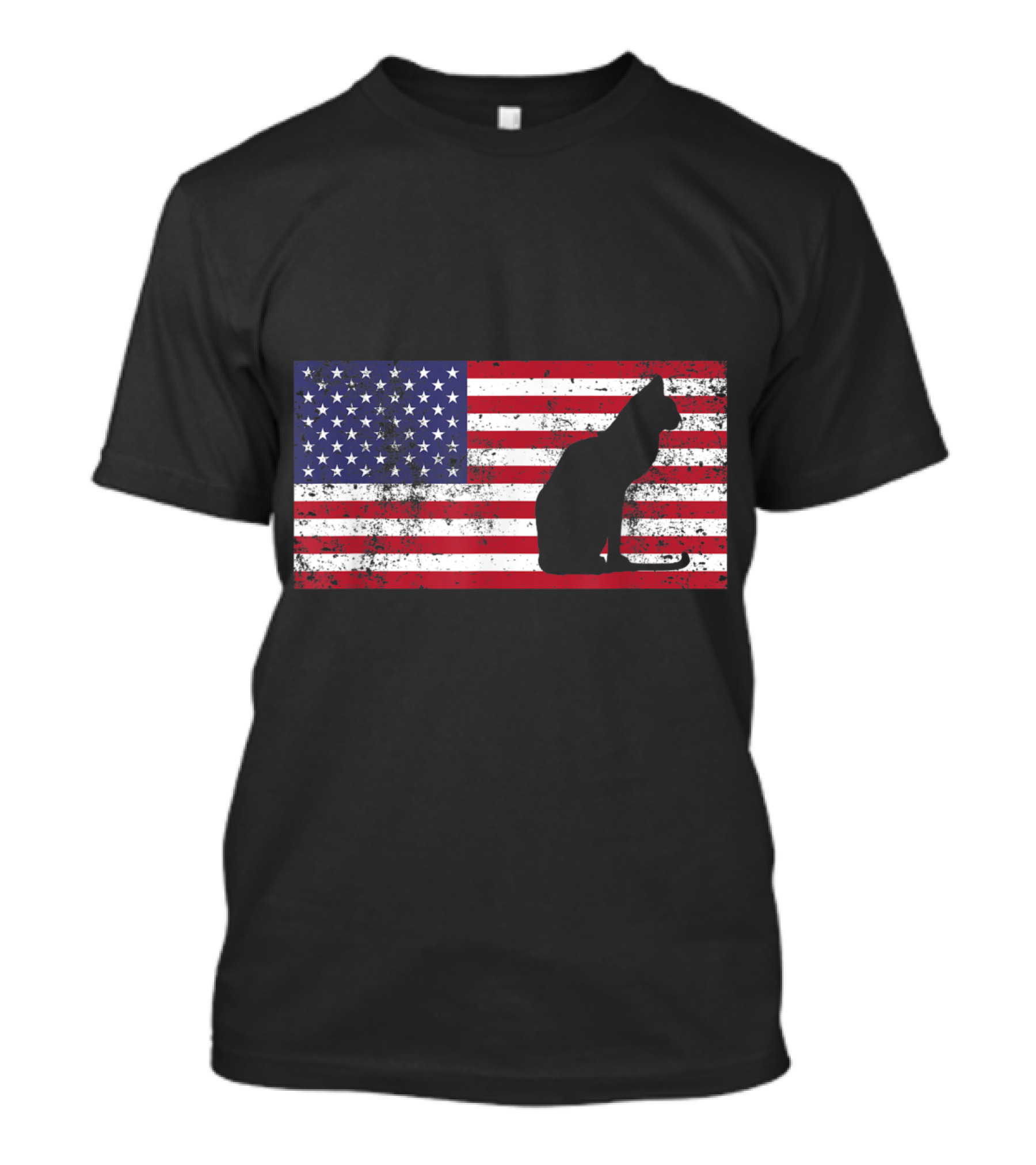 Cat Silhouette On Distressed American Flag For 4th Of July Meowica T-Shirt