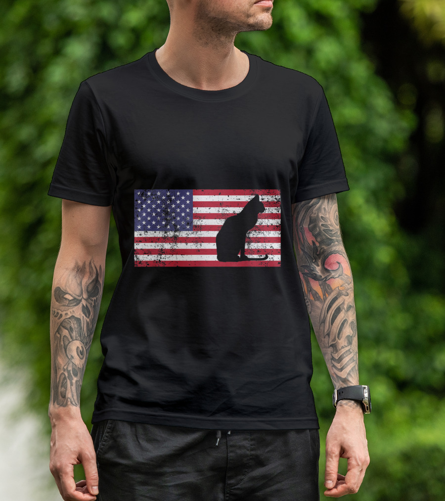 Cat Silhouette On Distressed American Flag For 4th Of July Meowica T-Shirt