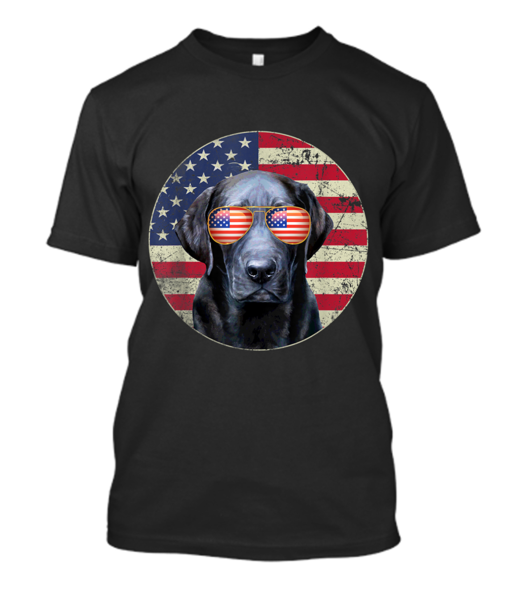 Fourth Of July Black Lab Wearing American Flag Sunglasses With USA Flag Background T-Shirt